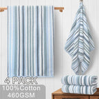 Blue Striped Bath Towels Set of 4, 100% Cotton, Lightweight, Super Soft & - Image 4