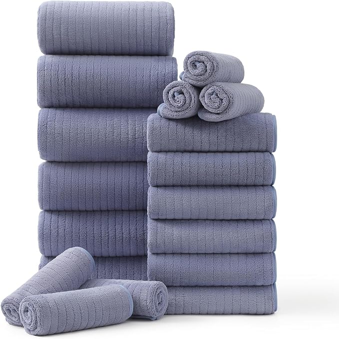 18 Piece Family Bath Towel Set Include 6 Bath Towels, 6 Hand Towels and 6 by Hailea