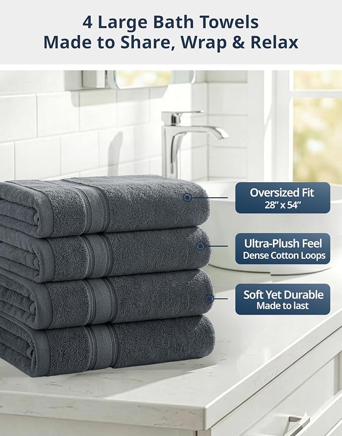 LANE LINEN 100% Cotton 4 Pack Bath Towels Set - Image 3