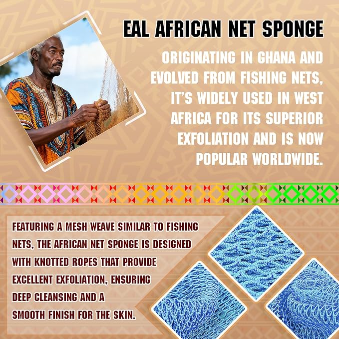 African Net Bath Sponge, Premium Body Exfoliator, Rose Red Blue, 2 Pack - Image 3