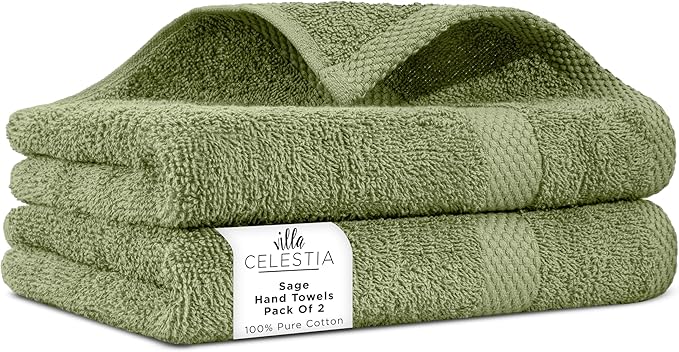 100% Cotton Hand Towel Set of 2, Sustainable, Highly Absorbent, Quick Drying by VillaCelestia