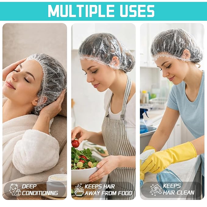 100 Pcs Disposable Shower Caps for Women & Men, Plastic Shower Cap Waterproof & - Image 6