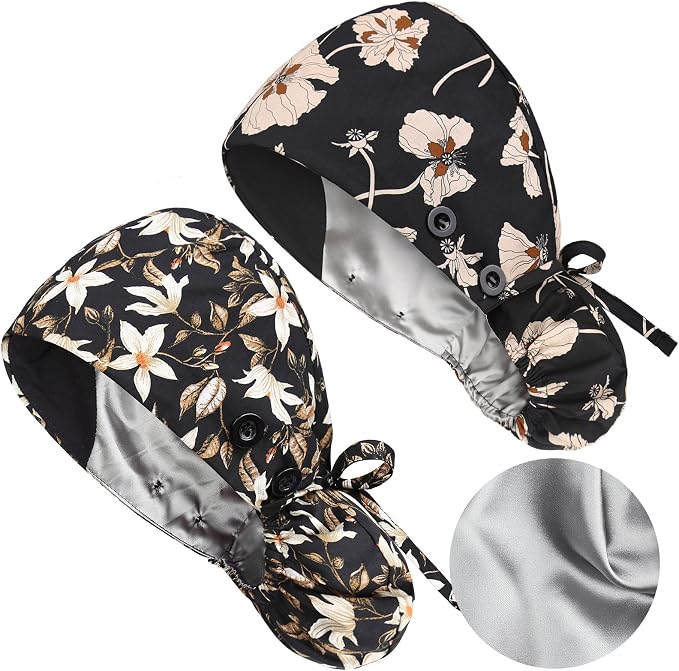 Satin Lined Scrub Caps with Buttons & Sweathand, Surgical Caps by Yuest
