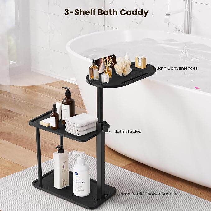 Bathtub Tray Table, Freestanding Bath Side Table Tub Tray Caddy, 3 Layer Bamboo - Image 4