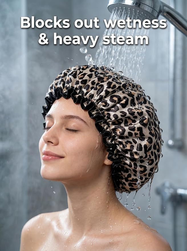 Aquior Shower Cap, Reusable Waterproof Leopard Print Hair Cap, Dual Layer Large - Image 4