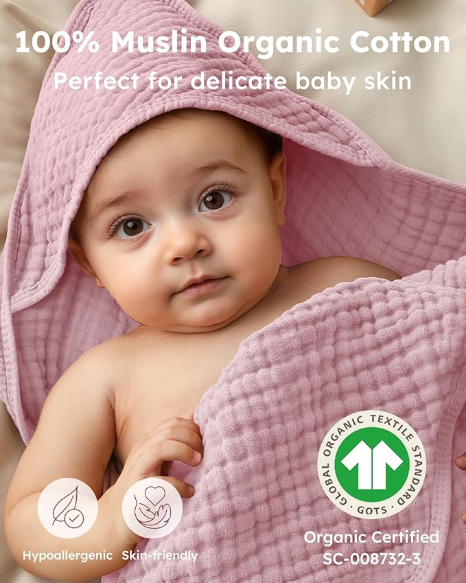 Yoofoss Hooded Baby Towels for Newborn 2 Pack 100% Muslin Organic Cotton Baby - Image 2