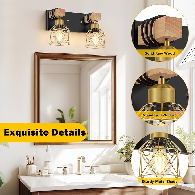 FadimiKoo Rustic Style Wood Bathroom Wall Sconces, 2-Light Black Gold Bathroom - Image 3