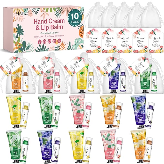 VESPRO 10 Pack Bulk Hand Cream and Lip Balm Sets, Mothers Day Gifts by VESPRO
