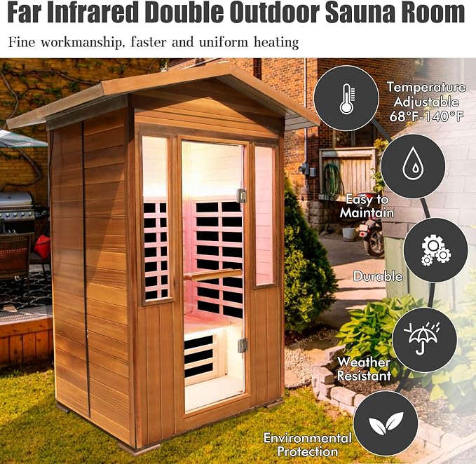 2 Person Outdoor Sauna Infrared Saunas Dry Sauna Room 120V Red Cedar and - Image 2