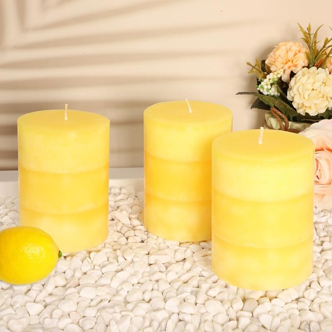 Yellow Pillar Candles 3x4 Inch Hand-Poured Lemon Scented Candles Lemongrass - Image 8