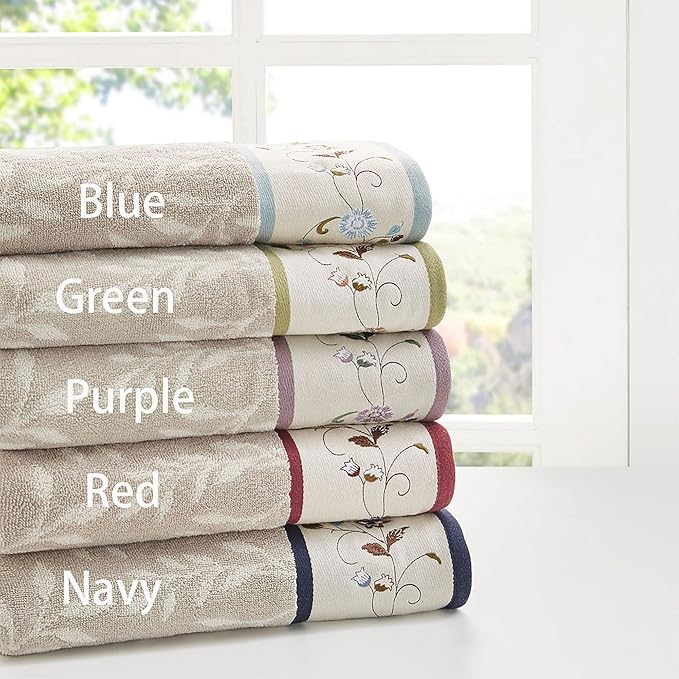 Madison Park Serene 100% Cotton Bath Towel Set Luxurious Floral Decorative - Image 8