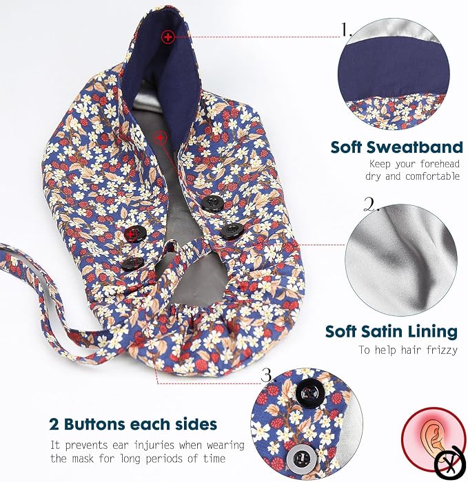 Satin Lined Scrub Caps with Buttons & Sweathand, Surgical Caps - Image 4