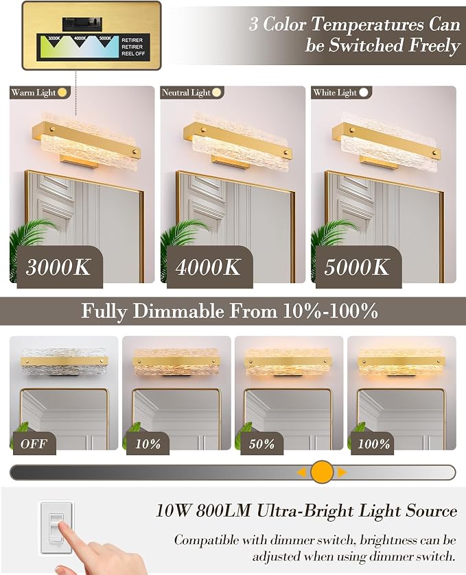 Brushe Gold Bathroom Vanity Light, 16.5 Inch 10W Dimmable LED Bathroom Light - Image 4