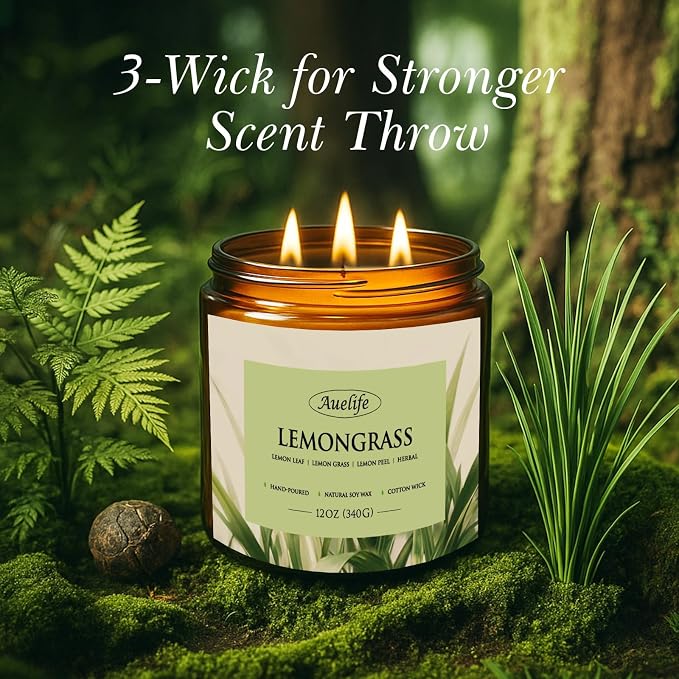 Lemongrass Scented Candle | 3-Wick Jar Candle - 12oz Natural Soy Wax - - Image 3