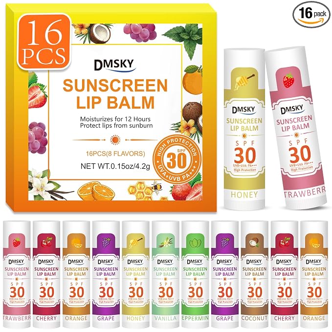 DMSKY SPF 30 Lip Balm 16 Pack, Broad Spectrum Lip Sunscreen No White Cast by DMSKY