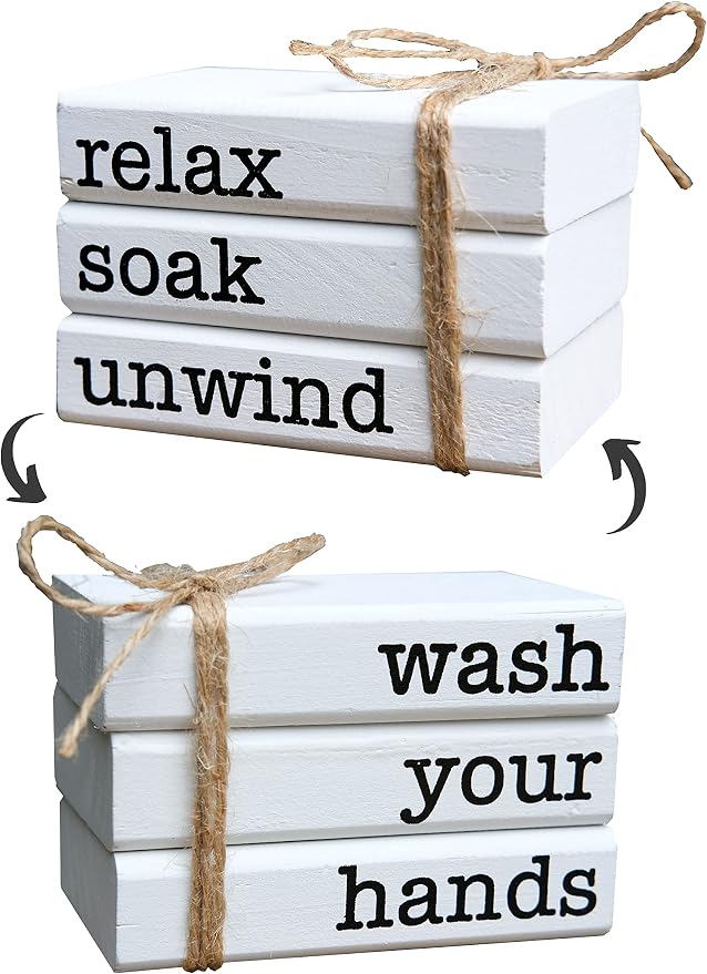 Farmhouse Mini Bookstack for Bathroom Decor Wooden Books for Restroom Shelf by LIVDUCOT