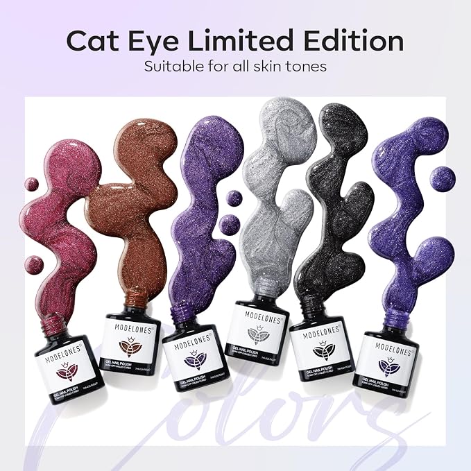 modelones Cat Eye Gel Nail Polish Set, 6 Colors Winter 9D Glassy Cat Eye - Image 4