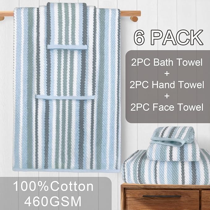 100% Cotton Blue Striped Luxury 6 Piece Towel Set, Quick Dry & Highly Absorbent - Image 4