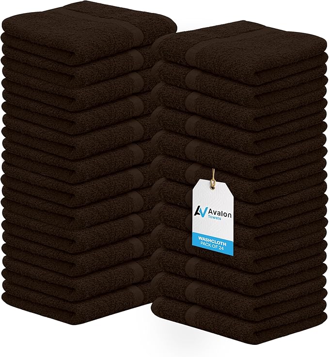 Avalon Towels Cotton Washcloths 24-Pack – 12 x 12 Inch Brown Super Soft & by AvalonTowels