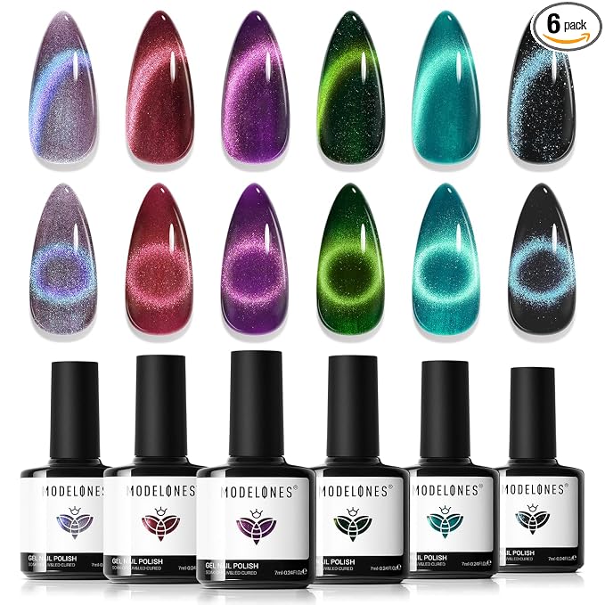 modelones Cat Eye Gel Nail Polish, 6 Colors Glitter Red Green Purple Blue Gel by MODELONES