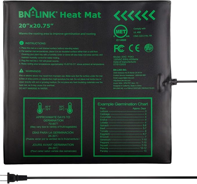 BN-LINK Seedling Heat Mat Warm Hydroponic Heating Pad Waterproof 20" x 20.75" by BN-LINK