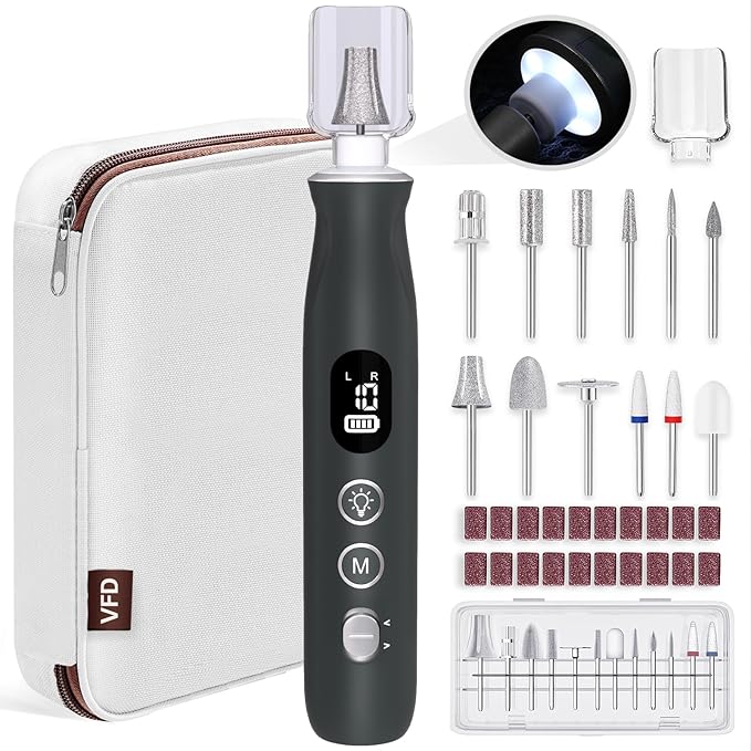 Electric Nail Drill, Cordless 2000 mAh Rechargeable Portable Nail File 12 in 1 by VFD