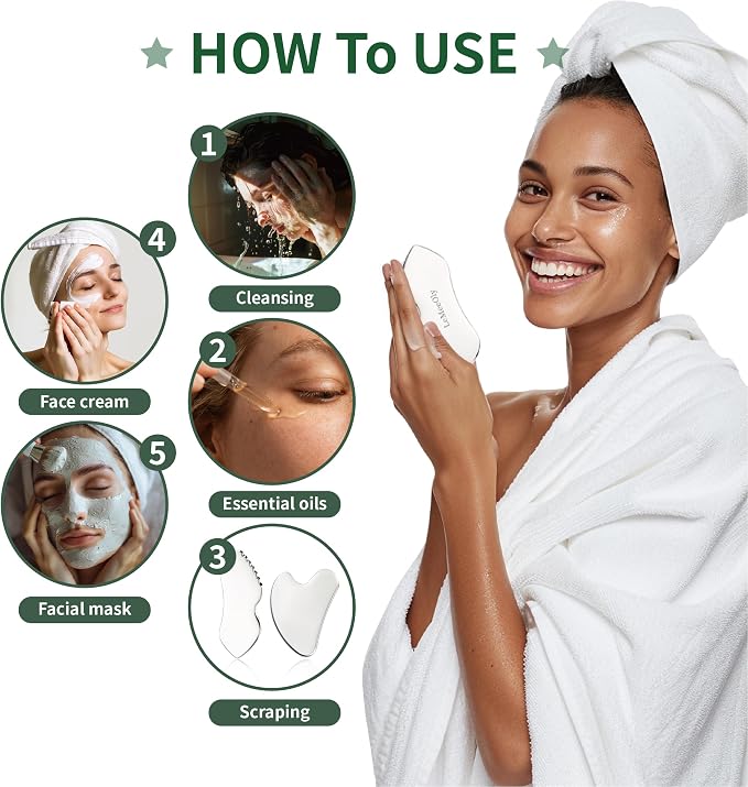 LeMeeOly 3pcs Stainless Steel Gua Sha Facial Tools & Eye Cream Applicator Metal - Image 6