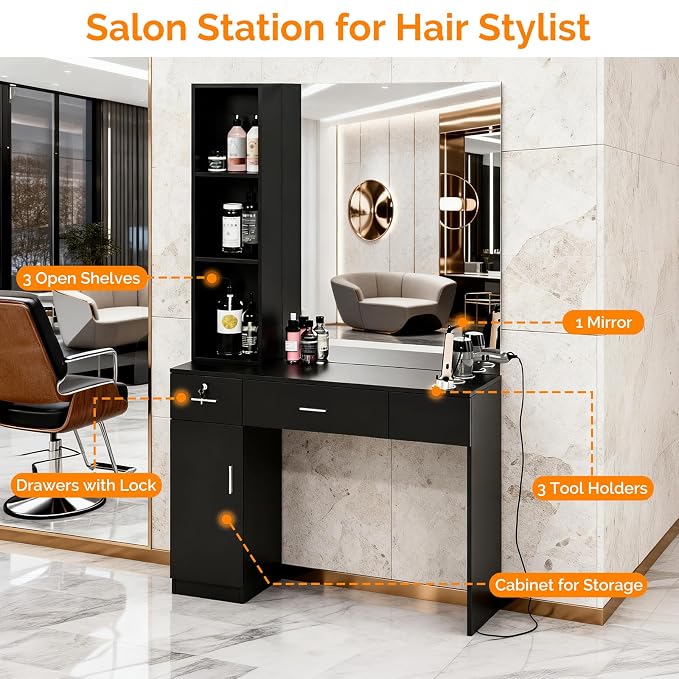 OmySalon Salon Station with Mirror, Locking Barber Station - Image 3