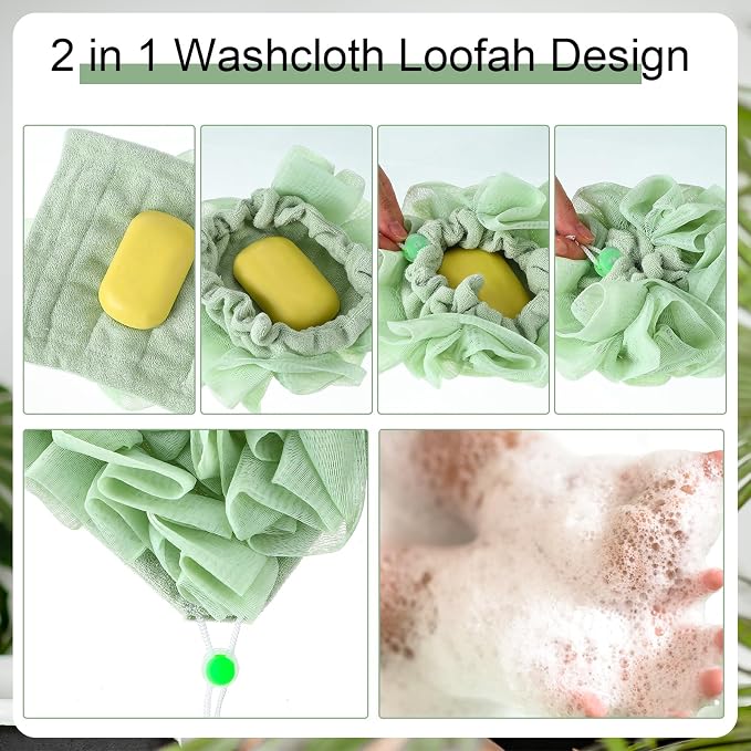 6 Pack Washcloth Loofah Combo 2 in 1 Drawstring Loofah Sponge - Image 3
