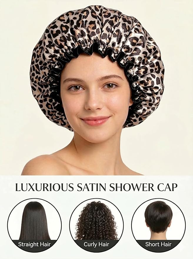 Aquior Shower Cap, Reusable Waterproof Leopard Print Hair Cap, Dual Layer Large - Image 6