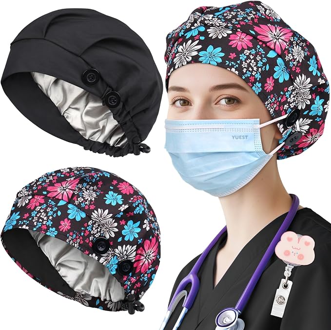 2 Pack Satin Lined Bouffant Scrub Caps by Yuest