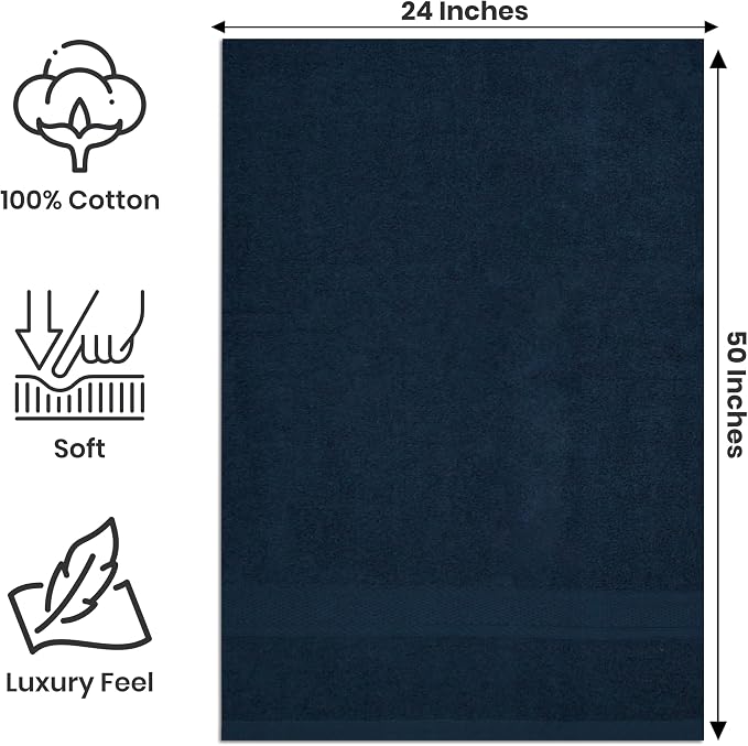 Large Bath Towels Pack of 6 – 24" x 50", 100% Cotton Terry – Soft, Quick-Dry & - Image 2