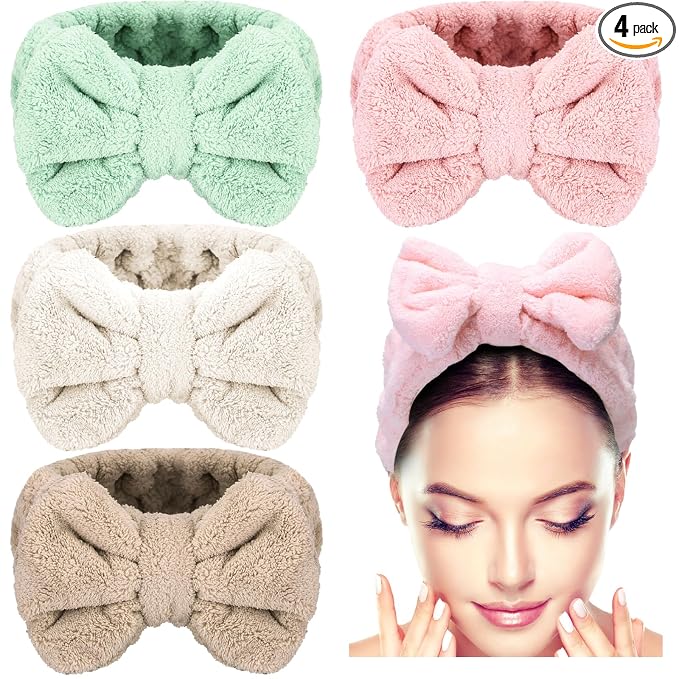 4 Pack Makeup Spa Headband Microfiber Bow Towel Soft Fluffy Washing Face by Senkary