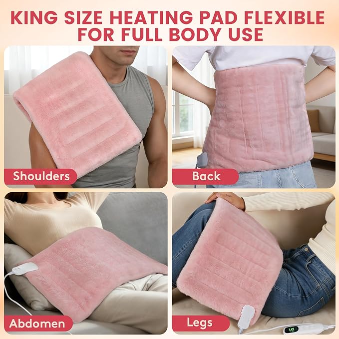UTK Pink Heating Pad for Back Pain Relief, Soft Flannel Machine Washable Fabric - Image 3