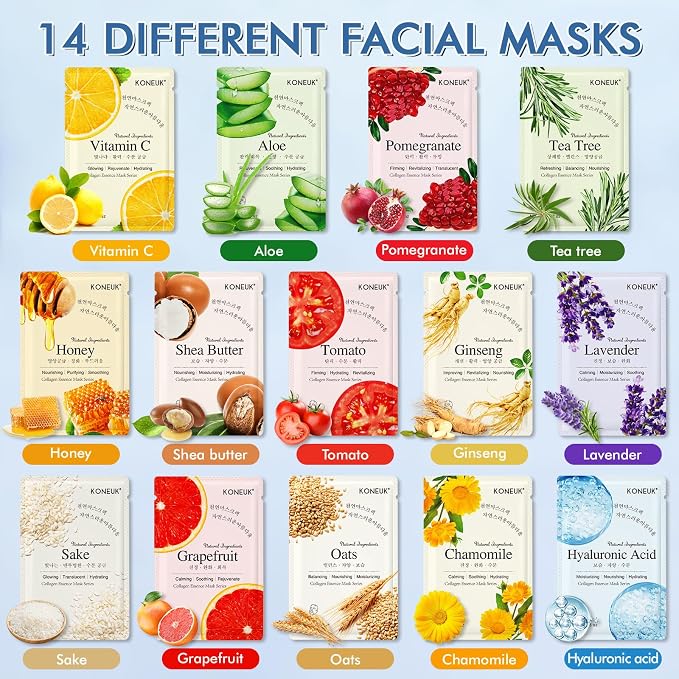 KONEUK 14 Pack Sheet Face Masks Skincare, Hydrating Face Masks Suitable - Image 3