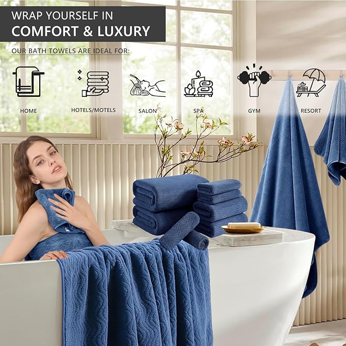 8 Piece Bath Towel Set Navy |2 Oversized Large Bath Sheet, 2 Hand Towels - Image 2