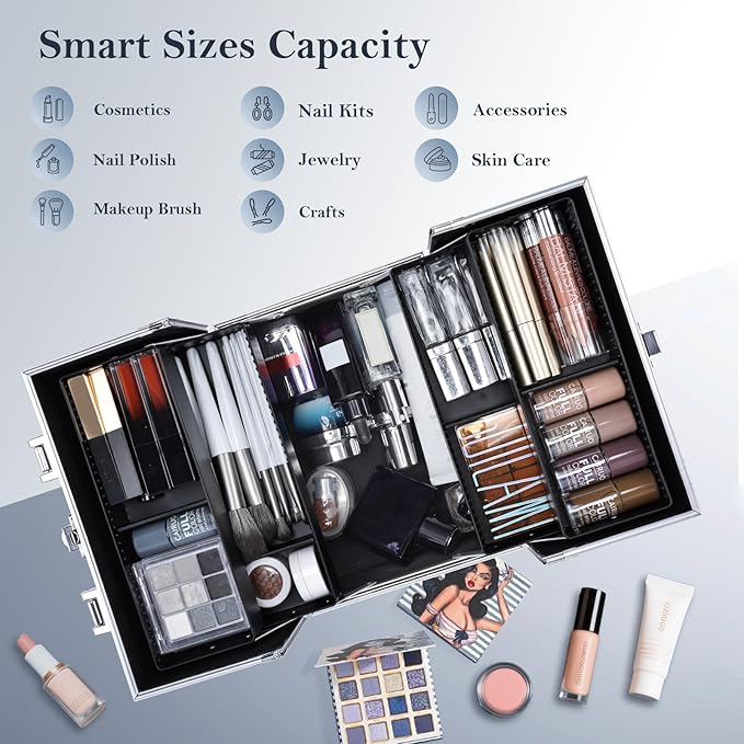 FRENESSA Makeup Train Case Makeup Organizer Box Portable Cosmetic Travel Case - Image 3