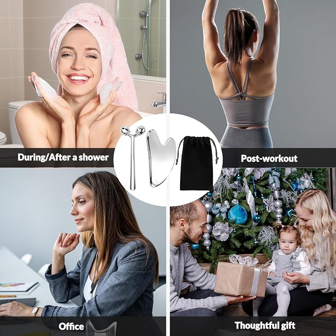 kullder Gua Sha Facial Tools & Face Roller Set 2pcs: Stainless Steel Lymphatic - Image 5