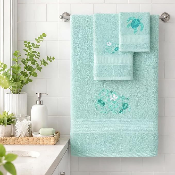 3 Pcs Rustic Sea Turtle Bathroom Towel Set Farmhouse Embroidered Sea Turtle - Image 3