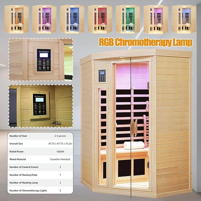 Far Infrared Wooden Sauna Room, 2-3 Person Home Sauna Canadian Hemlock Indoor - Image 5