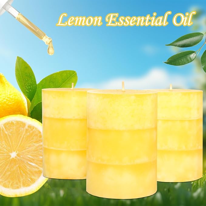 Yellow Pillar Candles 3x4 Inch Hand-Poured Lemon Scented Candles Lemongrass - Image 3