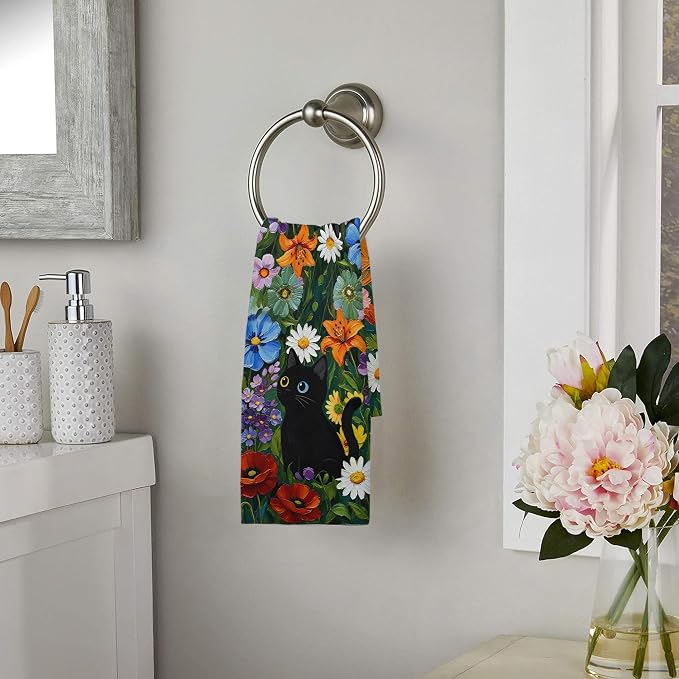 Accnicc 2 Pack Black Cat Bathroom Hand Towels Decorative Green Plant Daisy - Image 7