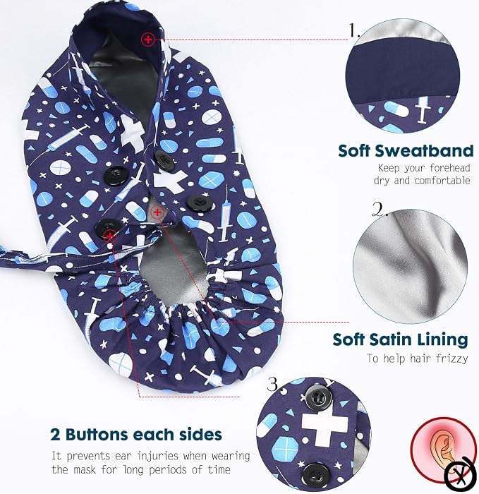 Satin Lined Scrub Caps with Buttons & Sweathand, Surgical Caps - Image 3