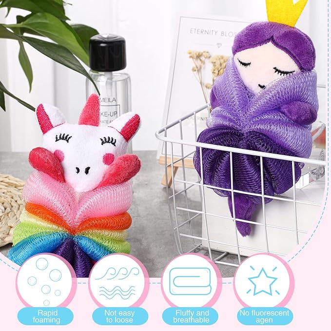 Nuenen 2 Pcs Bath Loofahs Kids Toddler Cute Cartoon Bath Sponges Loofah Pouf - Image 6
