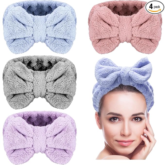 4 Pack Makeup Spa Headband Microfiber Bow Towel Soft Fluffy Washing Face by Senkary