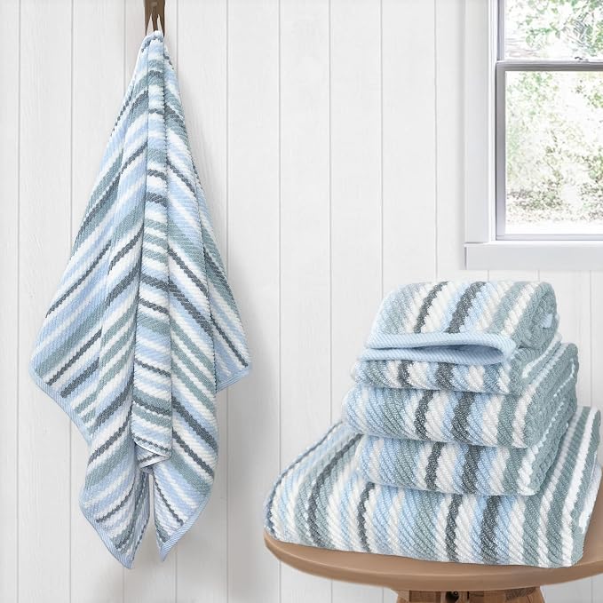 100% Cotton Blue Striped Luxury 6 Piece Towel Set, Quick Dry & Highly Absorbent by VOOVAMOVAS