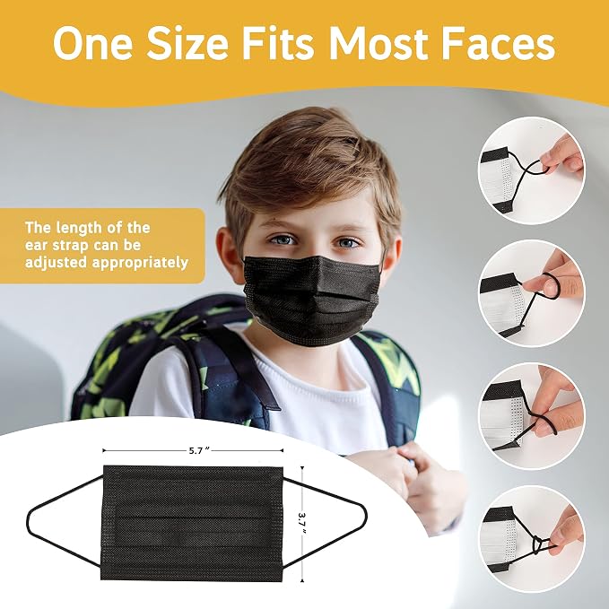 akgk 100Pcs Kids Disposable Face Mask Protective Childrens Black Safety Masks - Image 3