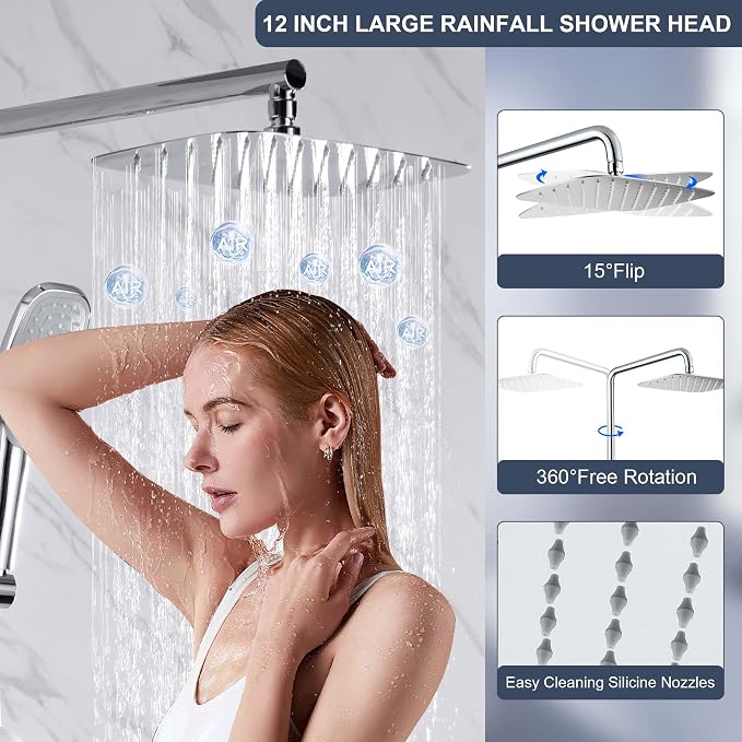 Rain Shower System with 304Stainless Steel Shelf, 12 Inch Rainfall Shower Head - Image 3