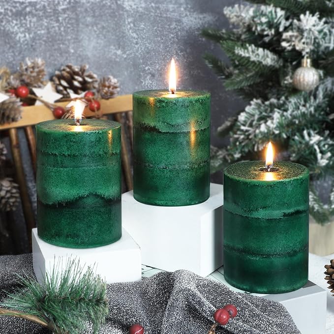 Fir Pine Scented Pillar Candles 3x4 Inch Dark Green 3-Layered Handcraft Holiday - Image 6