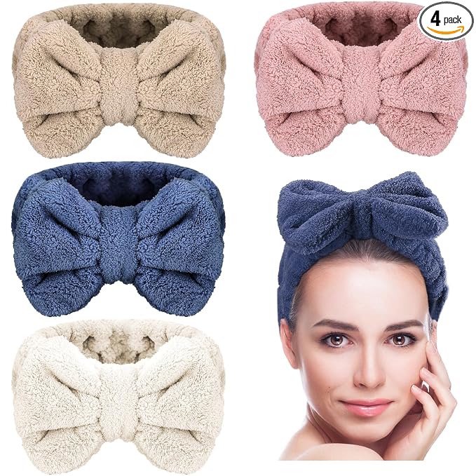 4 Pack Makeup Spa Headband Microfiber Bow Towel Soft Fluffy Washing Face by Senkary
